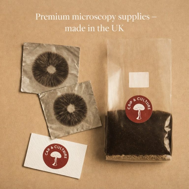Premium microscopy supplies by Cap & Culture UK including spore prints and substrate bags